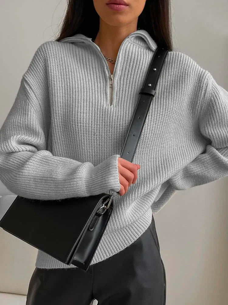 Ladies' V-Neck Sweater - Camille-Gray-S-Nora Luxe