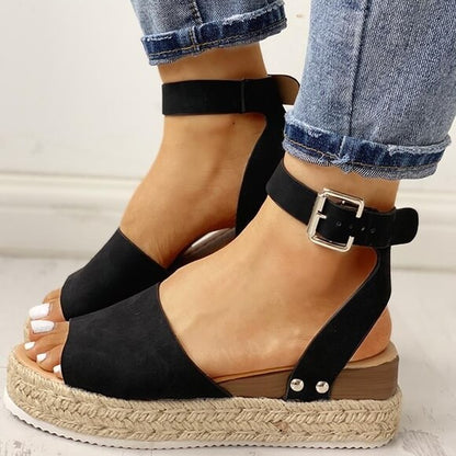 Ladies' wedge espadrille sandals with strap - Livia-Black-3-Nora Luxe