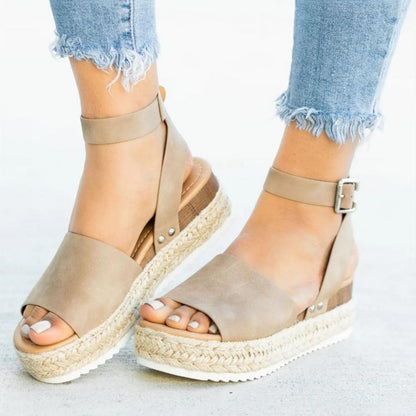 Ladies' wedge espadrille sandals with strap - Livia-Khaki-3-Nora Luxe