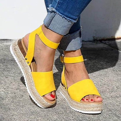 Ladies' wedge espadrille sandals with strap - Livia-Yellow-3-Nora Luxe
