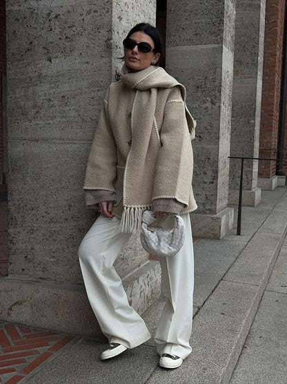 Ladies' Winter Coat with Scarf - Celeste-Beige-S-Nora Luxe