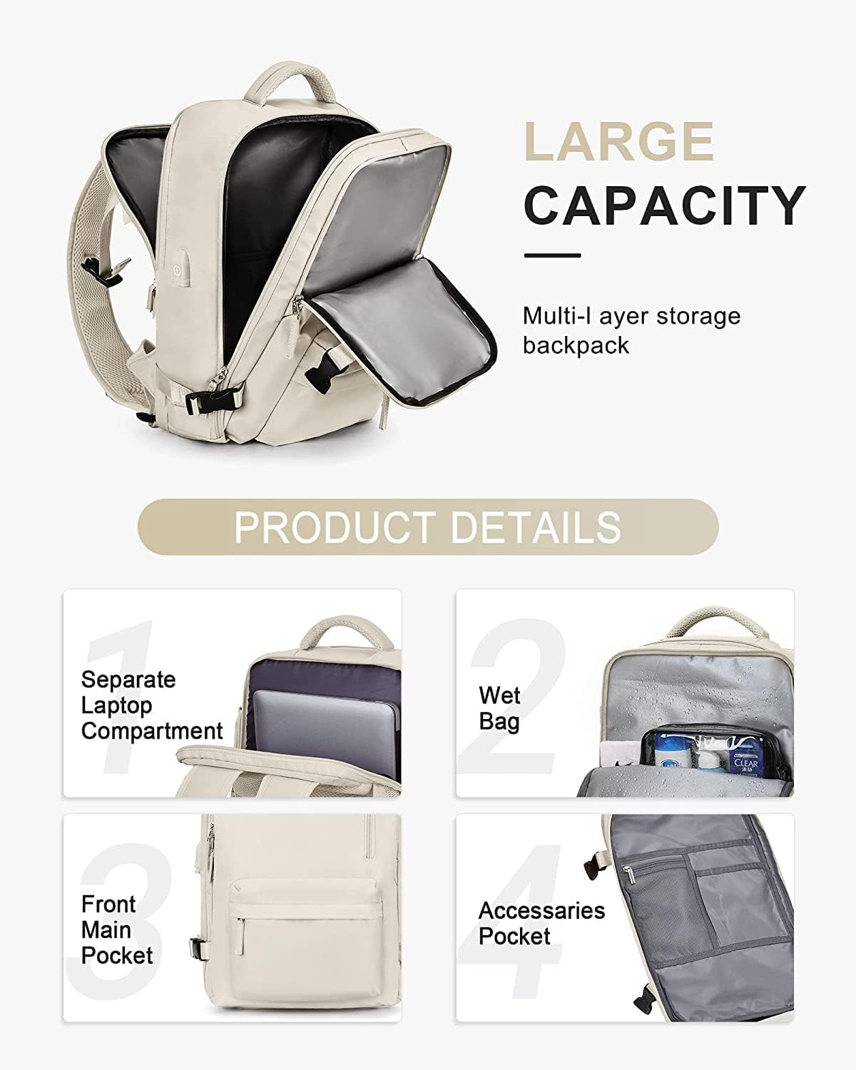 Waterproof Travel Backpack with Shoe Compartment & USB Port – 14" (35.56 cm) Laptop Fit
