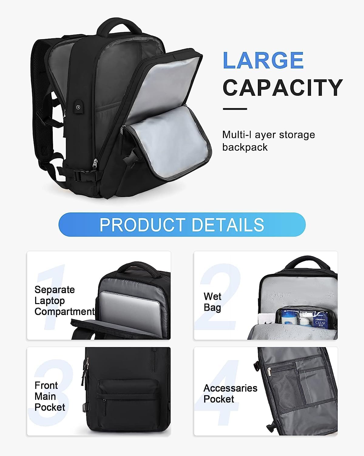 Waterproof Travel Backpack with Shoe Compartment & USB Port – 14" (35.56 cm) Laptop Fit
