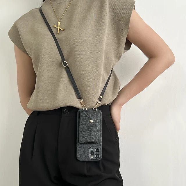 Leather Crossbody Phone Case - Urban Chic-Black-iPhone 12-Nora Luxe