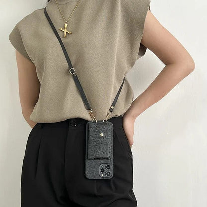 Leather Crossbody Phone Case - Urban Chic-Black-iPhone 12-Nora Luxe