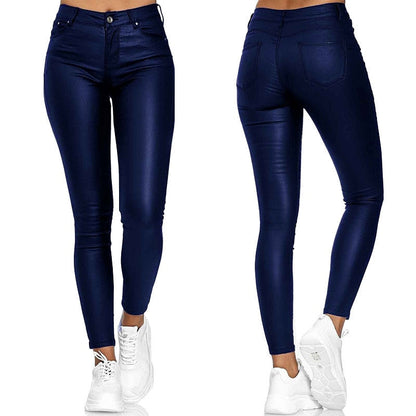 Leather stretch trousers with a high waist - Raffaela-Blue-S-Nora Luxe