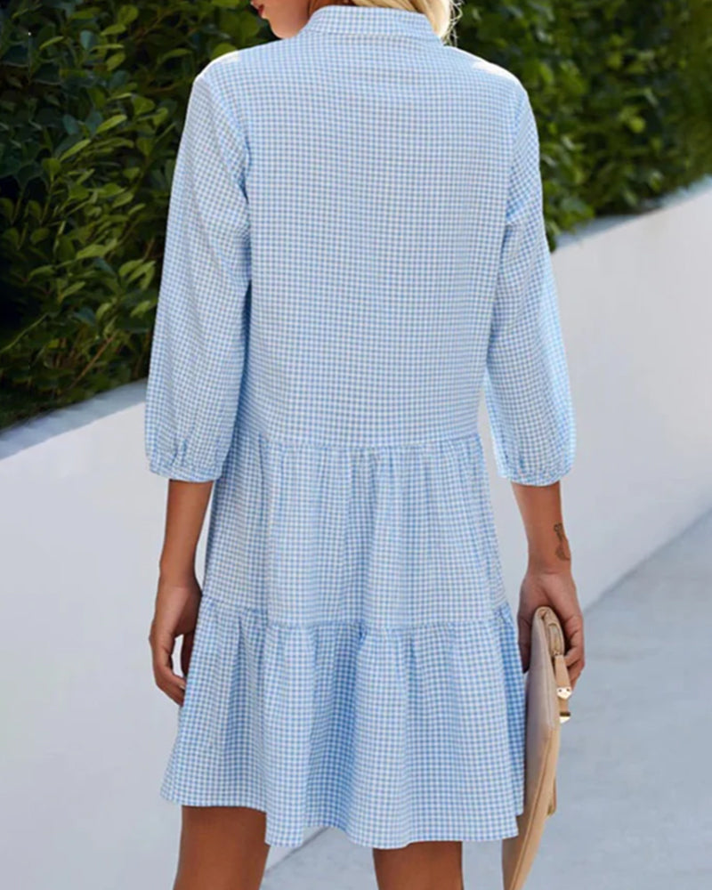 Light A-line summer dress with check pattern – Juliette-Blue-S-Nora Luxe