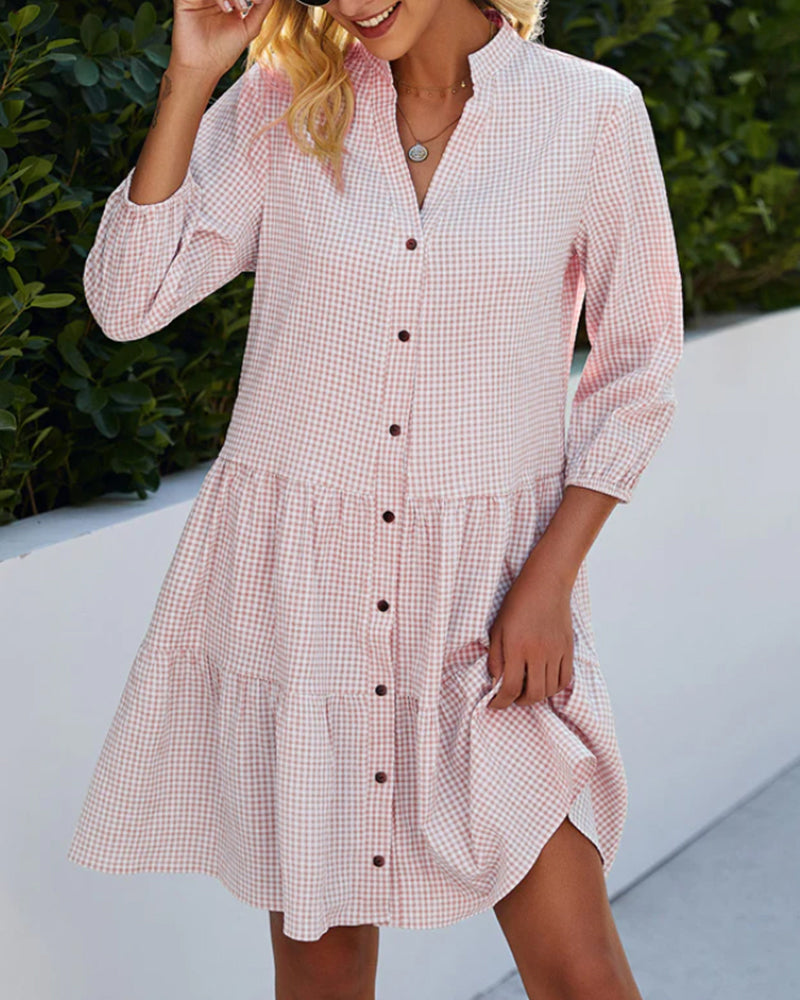 Light A-line summer dress with check pattern – Juliette-Pink-S-Nora Luxe