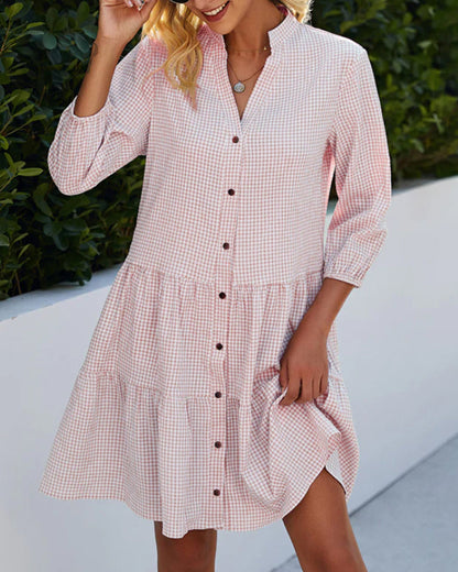 Light A-line summer dress with check pattern – Juliette-Pink-S-Nora Luxe