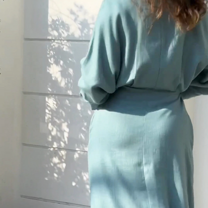 Light Blue Summer Dress with Waist Ribbon and Long Sleeves – Fay-XS-State of Style