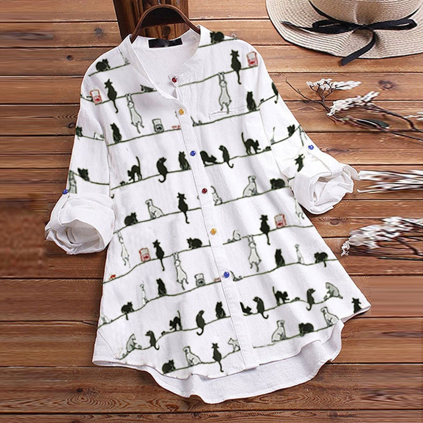 Light ladies' blouse with cat motif & button placket - Kaja-White-S-Nora Luxe