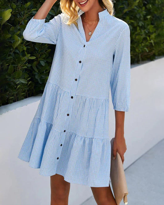 Light summer dress for women made of cotton with V-neck – Nayana-Blue-S-Nora Luxe
