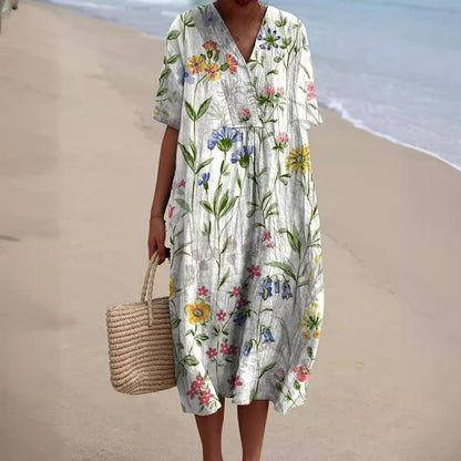 Light summer flower dress for women with V-neck and comfortable cut – Talia-White-S-Nora Luxe