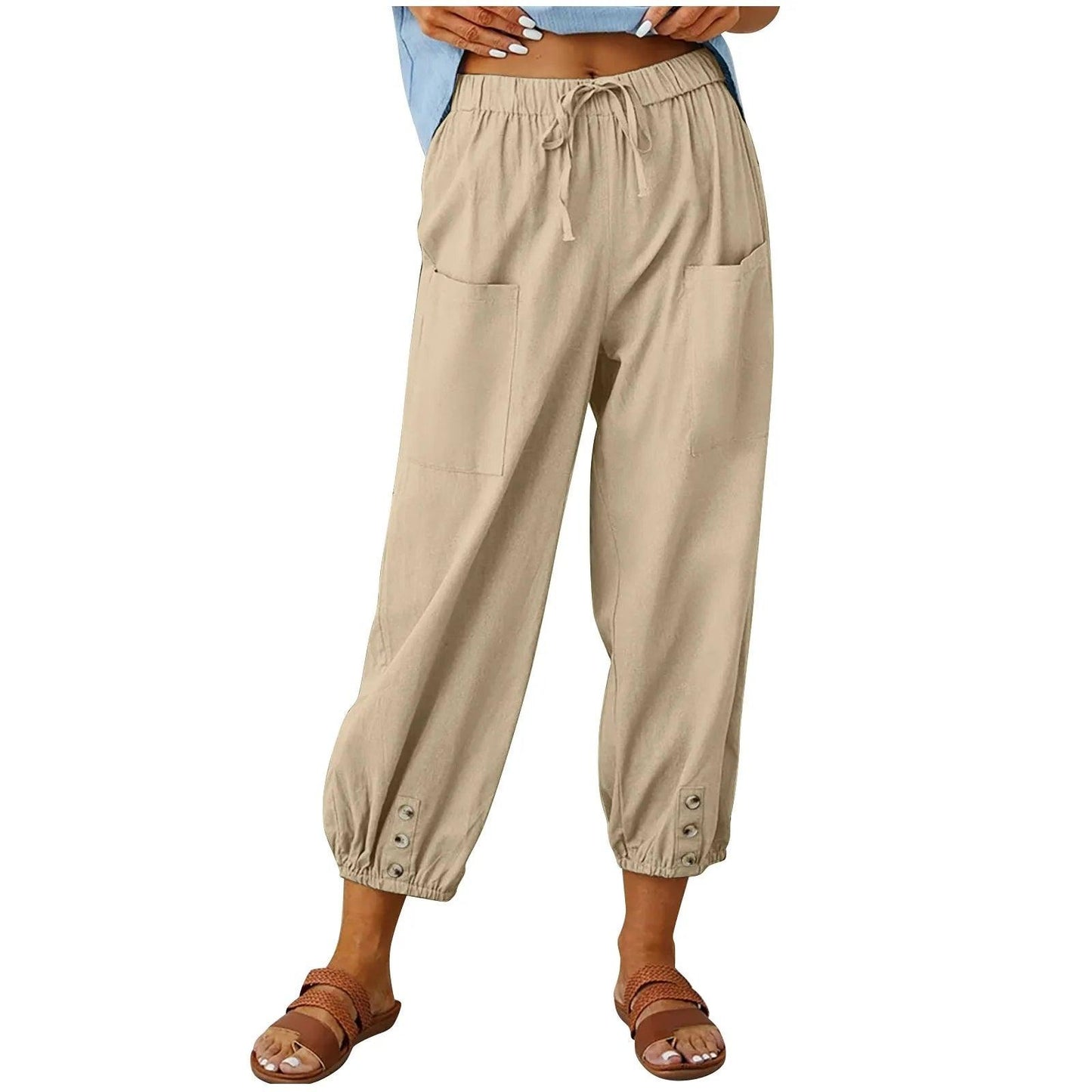 Light summer linen trousers with drawstring & wide cut – Mira-Khaki-S-Nora Luxe