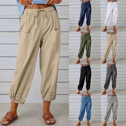 Light summer linen trousers with drawstring & wide cut – Mira-Khaki-S-Nora Luxe