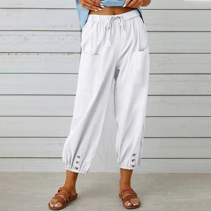 Light summer linen trousers with drawstring & wide cut – Mira-White-S-Nora Luxe