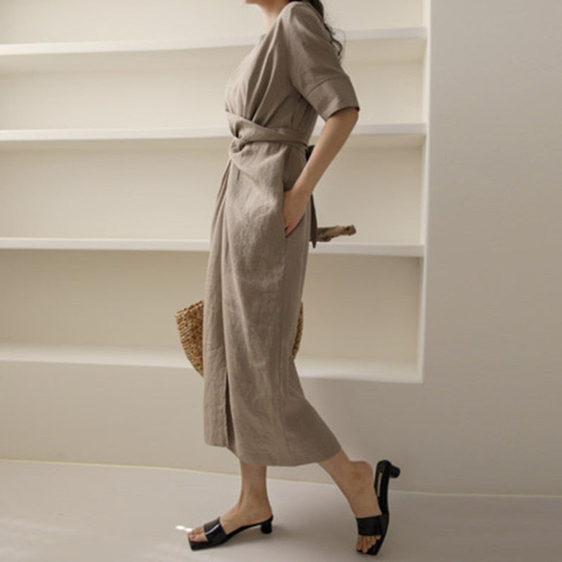 Lightweight Khaki Summer Dress with Adjustable Waist – Isalie-XS-State of Style
