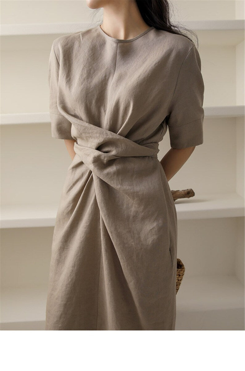 Lightweight Khaki Summer Dress with Adjustable Waist – Isalie-XS-State of Style