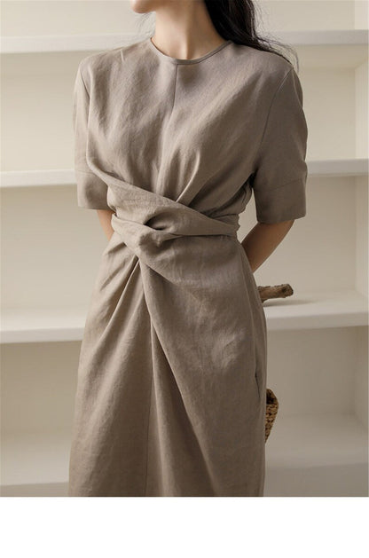 Lightweight Khaki Summer Dress with Adjustable Waist – Isalie-XS-State of Style
