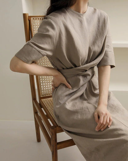 Lightweight Khaki Summer Dress with Adjustable Waist – Isalie-XS-State of Style