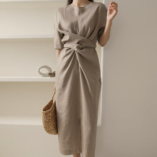 Lightweight Khaki Summer Dress with Adjustable Waist – Isalie-XS-State of Style