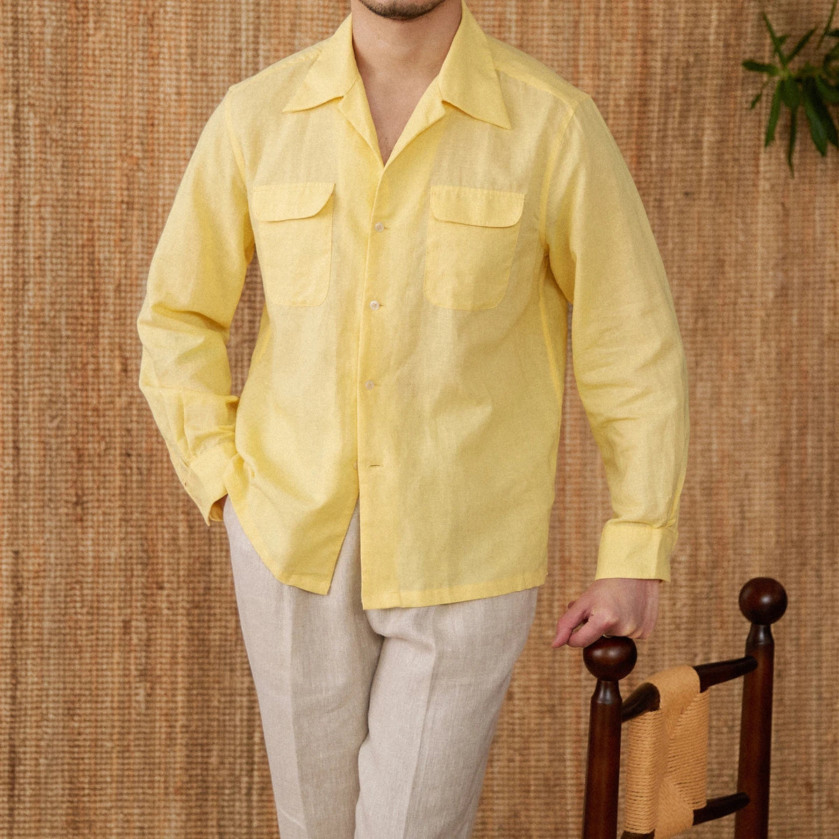 Lightweight men's shirt made of linen with Cuban collar and long sleeves – Mateo-Yellow-S-Nora Luxe