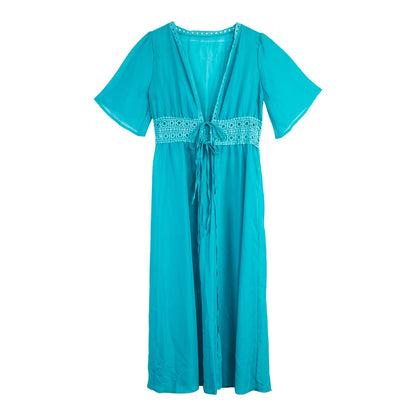 Long Beach Dress with Lace Detail and Bow Closure – Elara-Blue-XS-State of Style