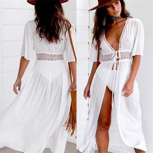 Long Beach Dress with Lace Detail and Bow Closure – Elara-White-XS-State of Style