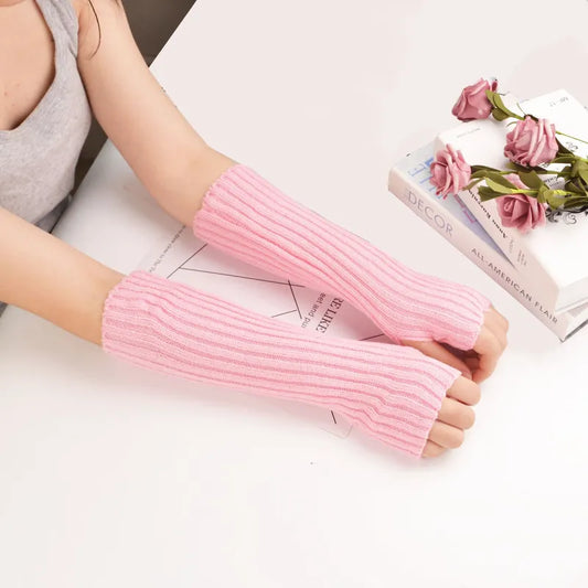 Long Fingerless Knitted Gloves - FlexiWarm-Pink-1-Nora Luxe