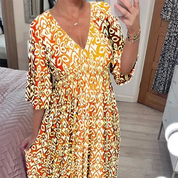 Long Floral Dress with V-neck – Liora-S-Yellow-Nora Luxe
