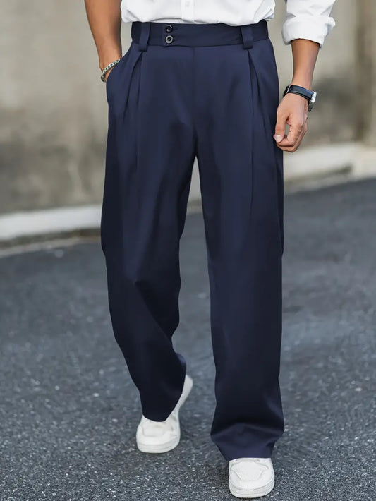 Loose-fitting trousers with pleats – Matteo-Dark blue-S-Nora Luxe