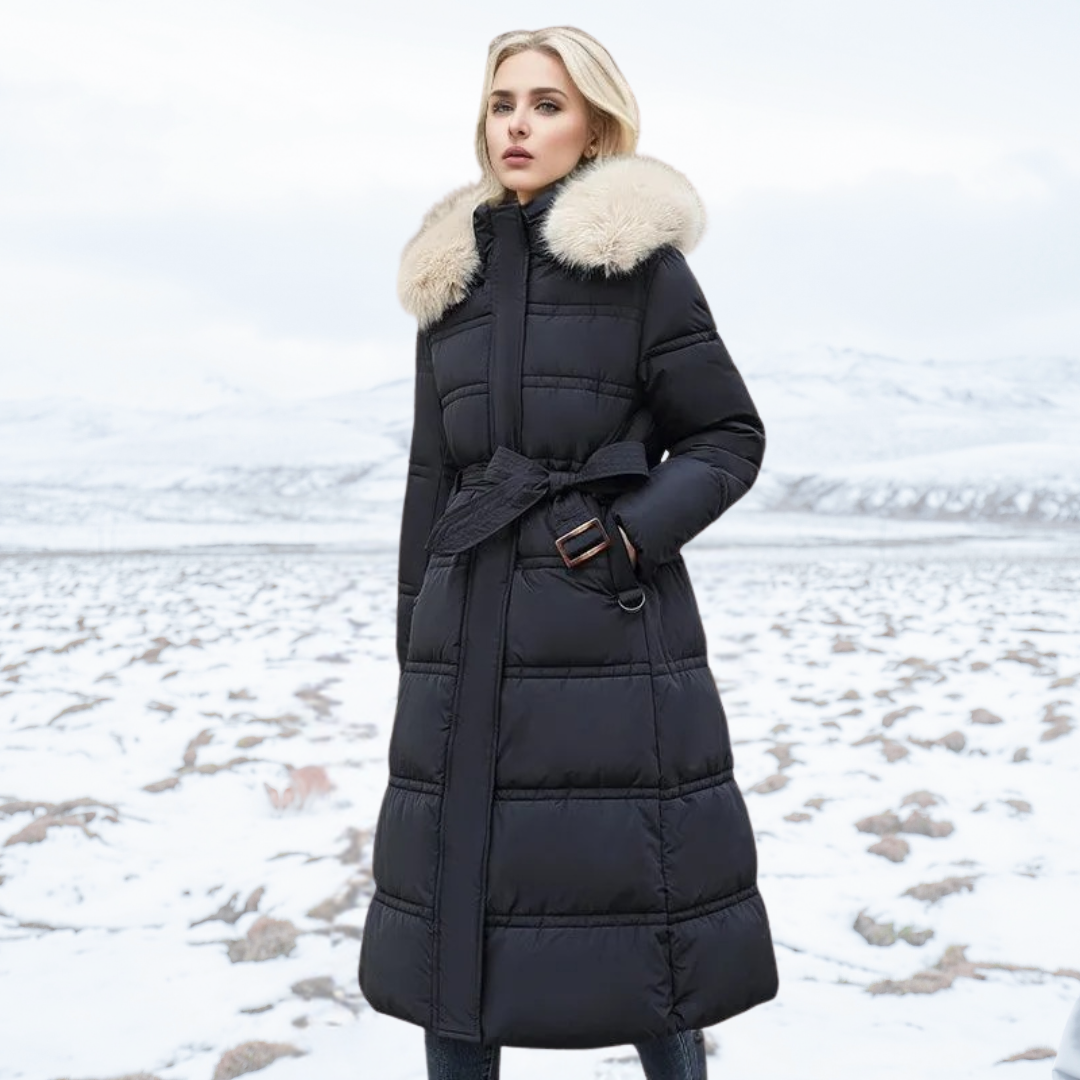 Luxury Faux Fur Winter Coat for Women - Amara-Black with beige collar-S-Nora Luxe