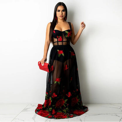 Maxi dress with floral embroidery and spaghetti straps – Rosalie-S-Nora Luxe