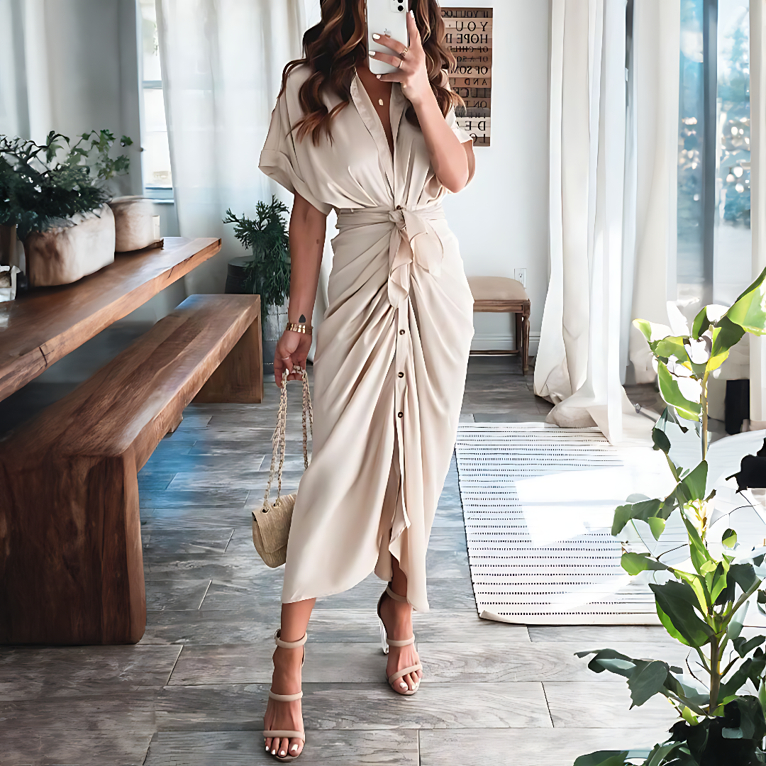 Maxi dress with ruffles and V-neck summer style women's fashion - Elina-Gold-S-Nora Luxe