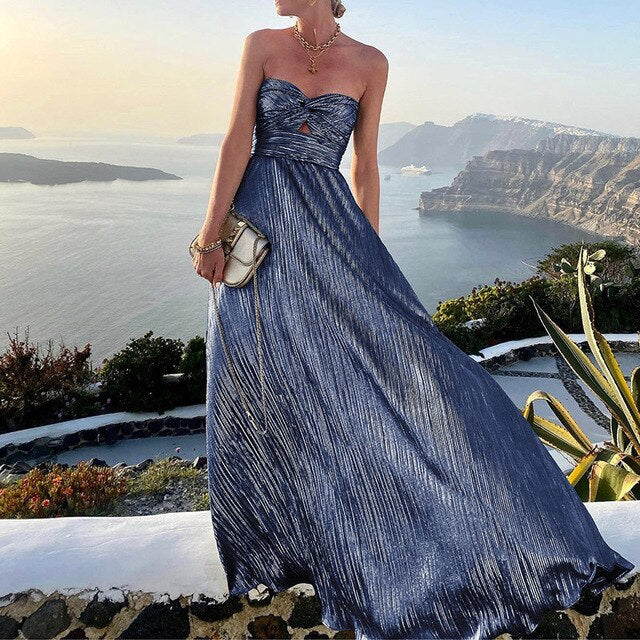 Maxi Summer Dress with V-neck and Waist Accent – Rosa-Blue-S-State of Style