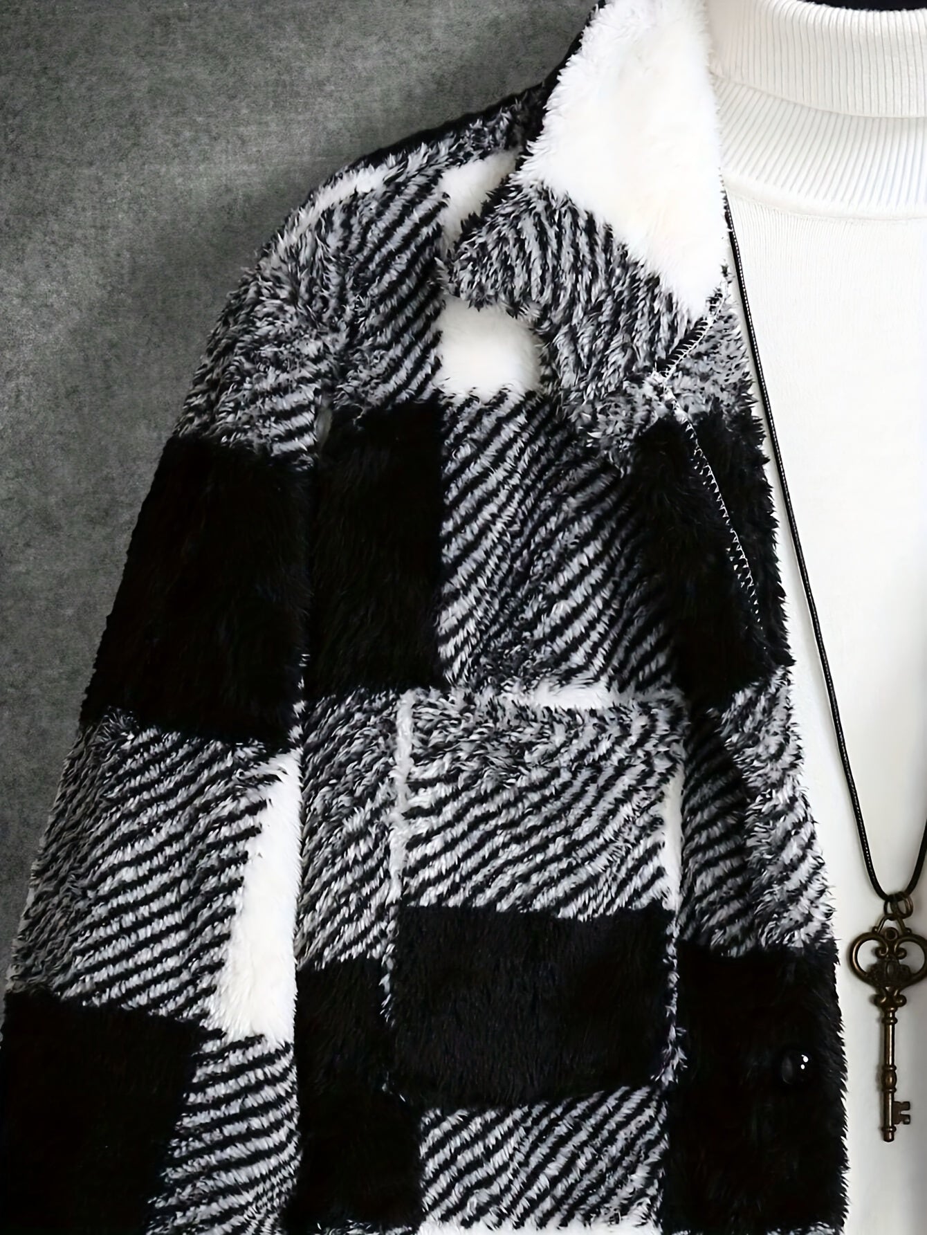 Men's Black and White Checked Fleece Jacket - Riley-S-Nora Luxe