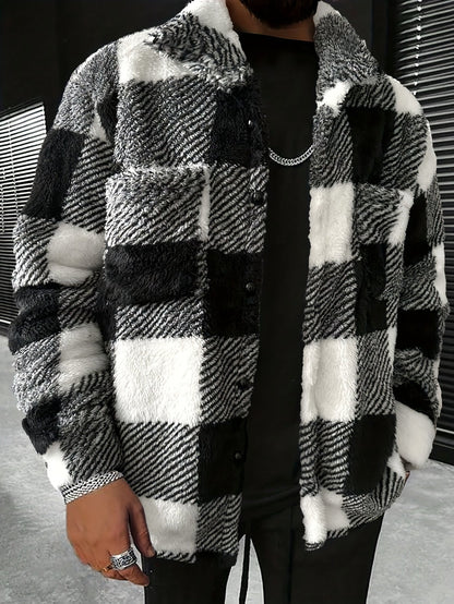 Men's Black and White Checked Fleece Jacket - Riley-S-Nora Luxe