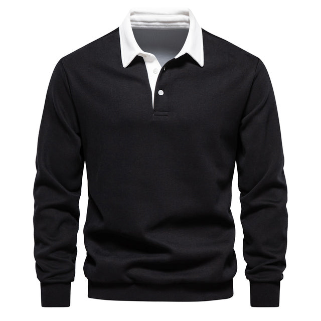 Men's Polo Sweater with Long Sleeves - Rafael-Black-S-Nora Luxe