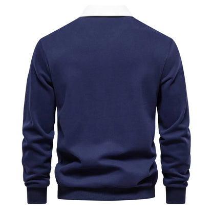 Men's Polo Sweater with Long Sleeves - Rafael-Dark Blue-S-Nora Luxe