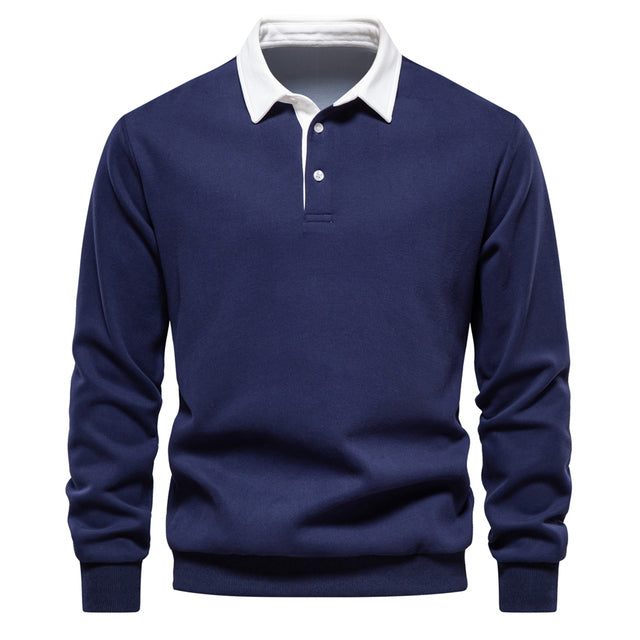 Men's Polo Sweater with Long Sleeves - Rafael-Dark Blue-S-Nora Luxe