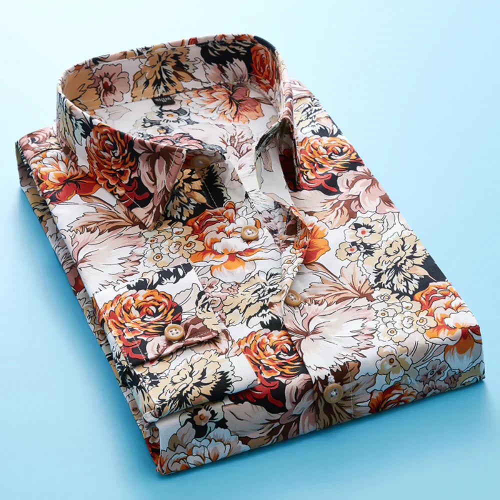 Men's Shirt with Floral Print and Short Sleeves – Florado-Orange-S-State of Style