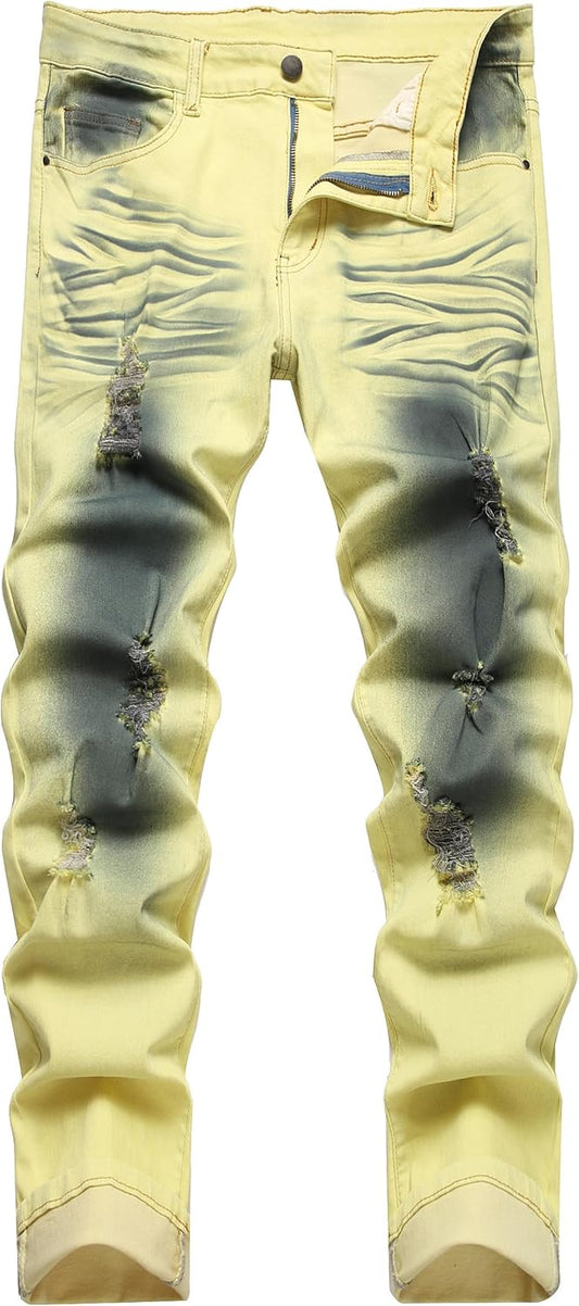 Men's Slim-Fit Ripped Jeans - Mick-Yellow-28-Nora Luxe