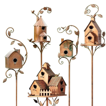 Metal Art Birdhouse on Garden Stake - FeatherNest-House with fireplace and window-Nora Luxe