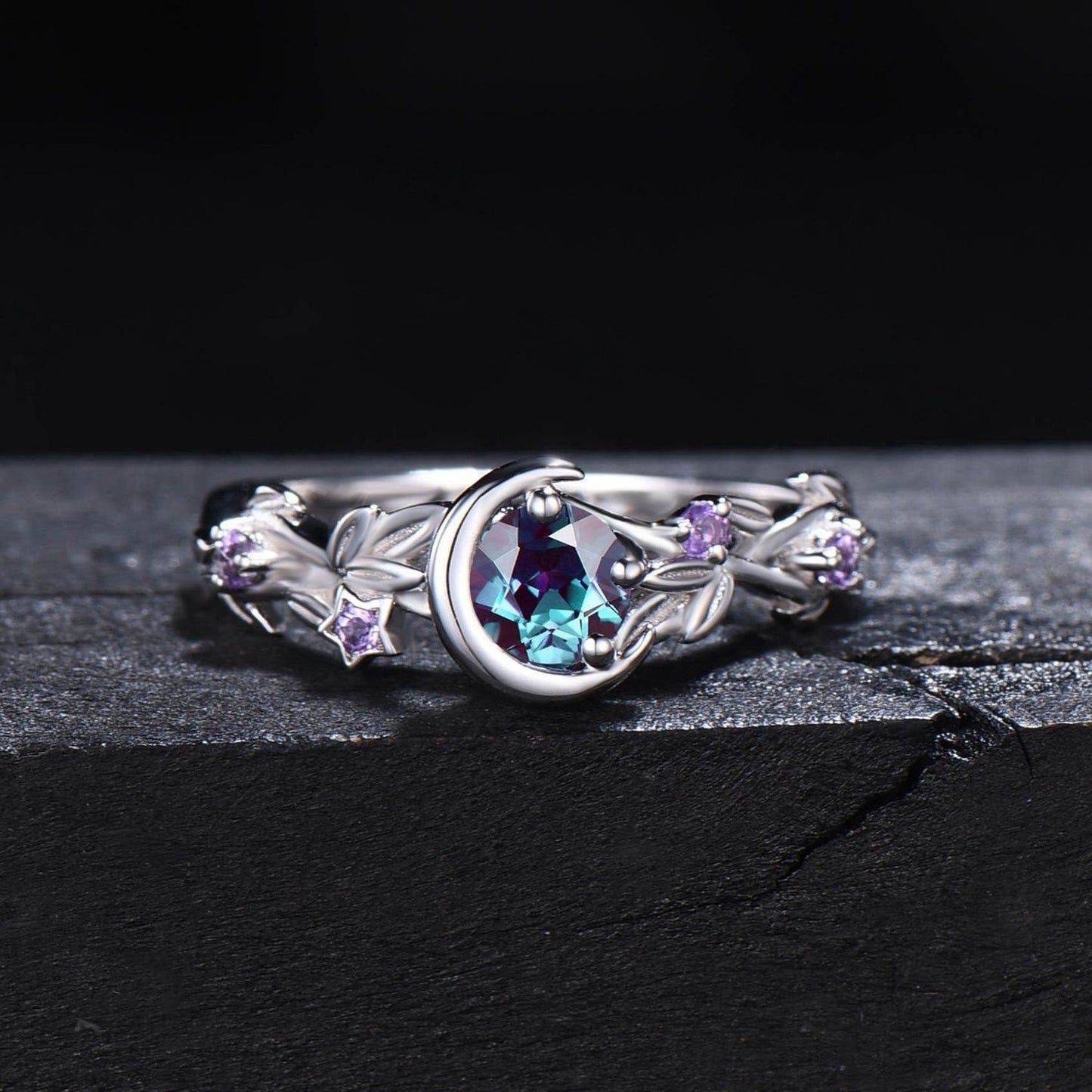 Moonstone Color-Changing Alexandrite and Amethyst Engagement Ring - Elara-Silver-1.93 inches-Nora Luxe