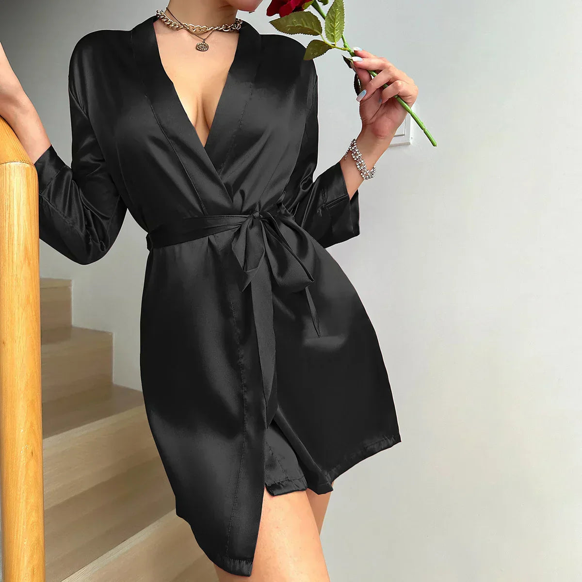 Morning dress made of Glacé Silk with Lace Closure – Noémie-Black-S-State of Style