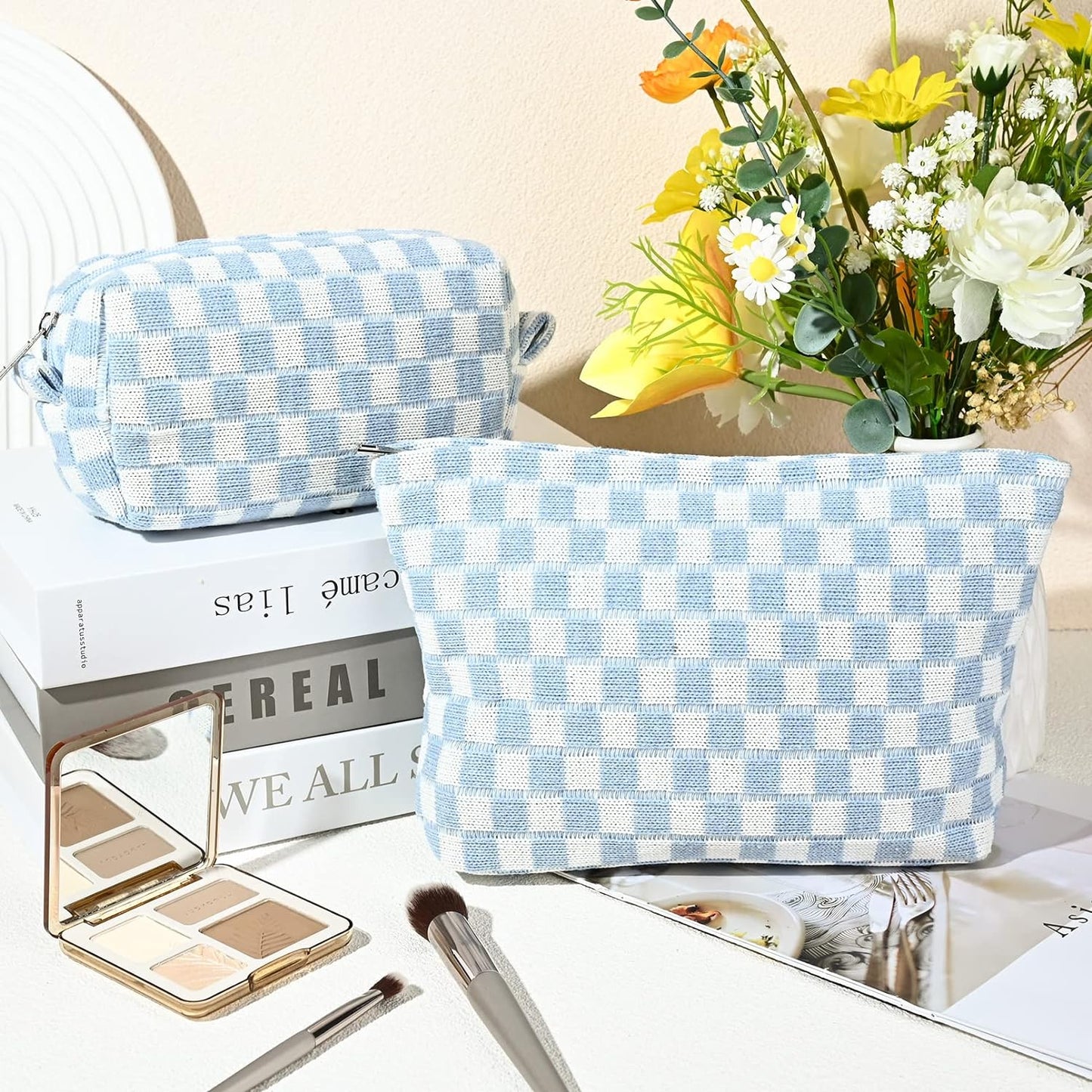 Must-Have Checked Make-up Bag Set-Blue-Nora Luxe