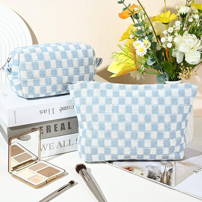 Must-Have Checked Make-up Bag Set-Blue-Nora Luxe