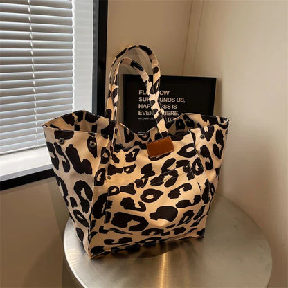 Oversized Canvas Shoulder Bag with Leopard Print - Lilac-Beige-Nora Luxe