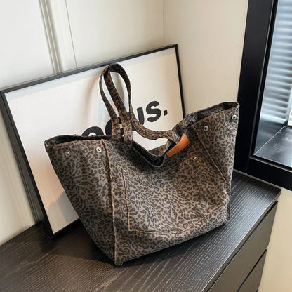 Oversized Canvas Shoulder Bag with Leopard Print - Lilac-Black-Nora Luxe