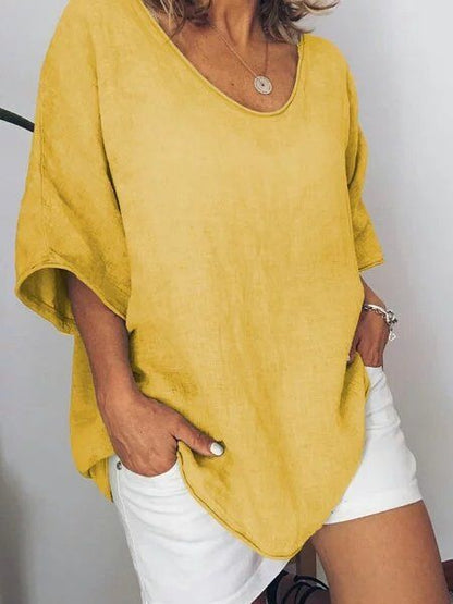 Oversized linen women's T-shirt – Elin-Yellow-S-Nora Luxe